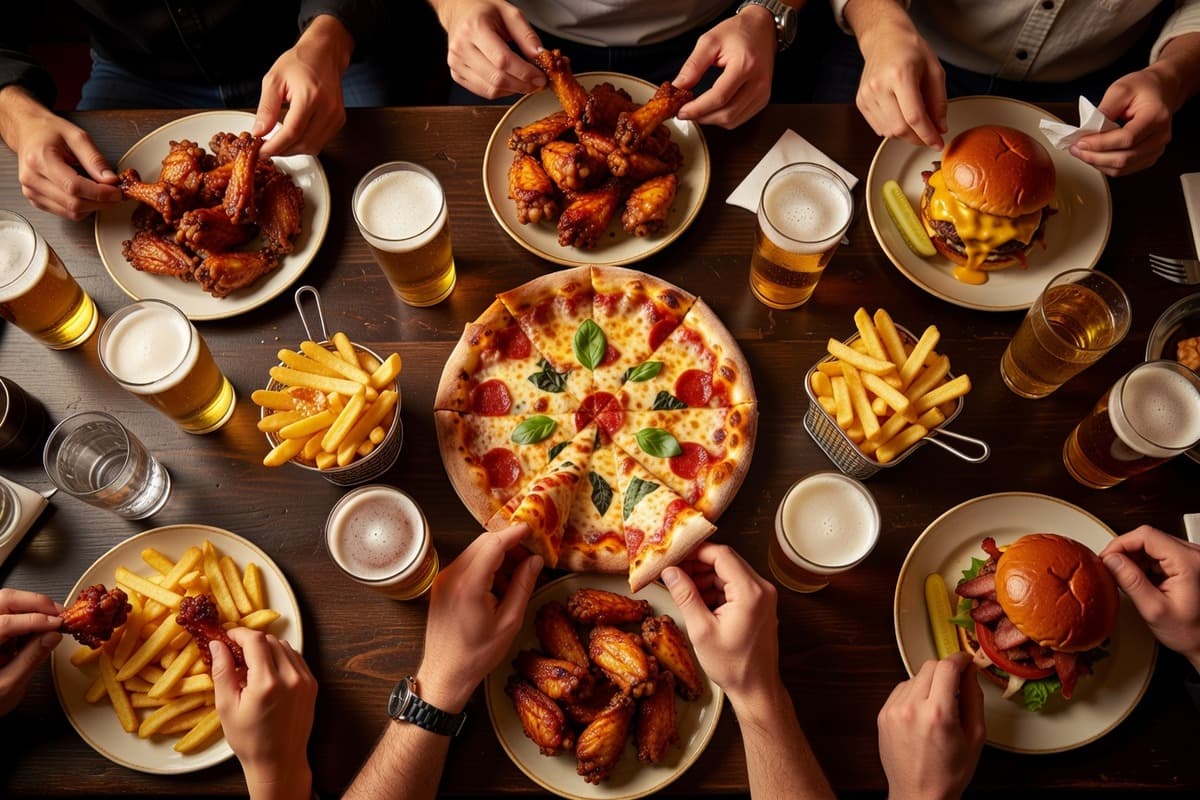 Full table spread of pub food