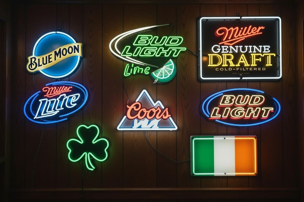 Neon signs and pub decor